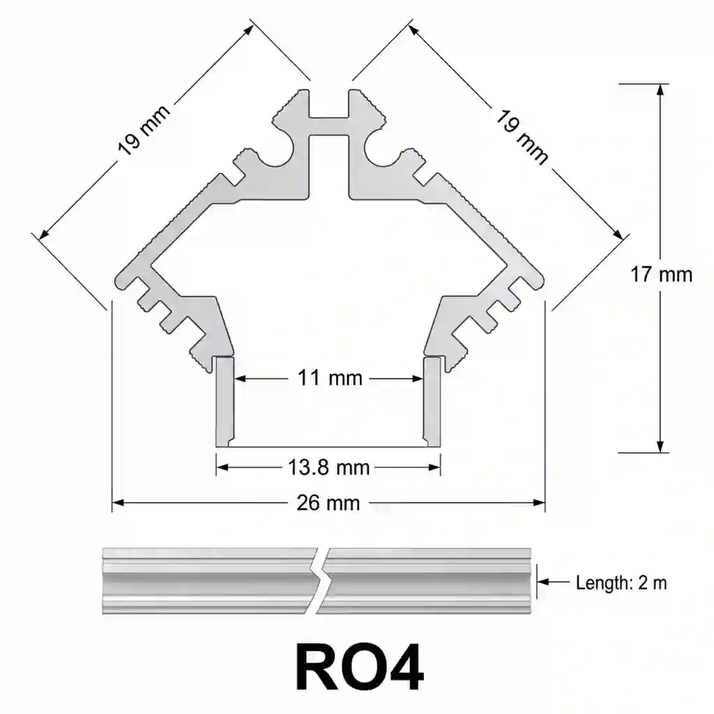 Pohled zepředu na rohový profil RO4 26x17mm stříbrný elox délka 2 metry bez difuzoru